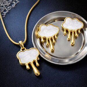 18K Gold Plated 316L Steel Drip Cloud Necklace Earrings Set Melt Art